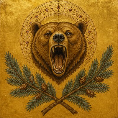a roaring bear head above crossed pine branches, bold graphic composition on a plain background, no text