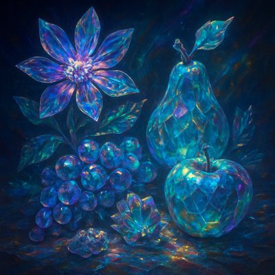 still life arrangement of fruits and flowers