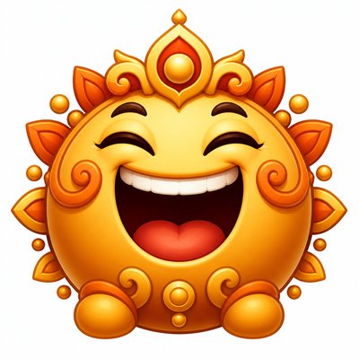 an exaggerated laughing face of an original round mascot character, bold and readable at small size, plain background, no text