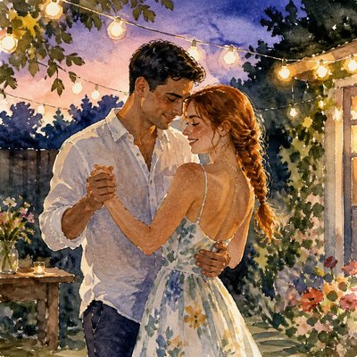 an original couple dancing under string lights in a garden at dusk: a man with short black hair in a linen shirt and a woman with braided red hair in a summer dress