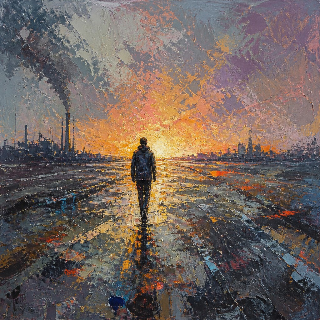 a solitary figure walking toward a glowing horizon across an empty plain, moody atmosphere, no text or lettering