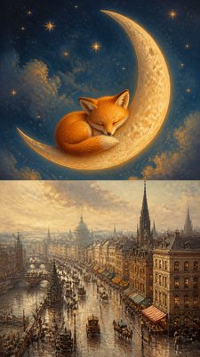 a sleeping baby fox curled on a crescent moon among soft stars, gentle and warm, no text