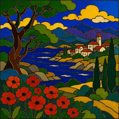 wide landscape with natural scenery — Cloisonnism Art Style