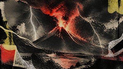 an erupting volcano with lightning strikes, dramatic wide composition, no text