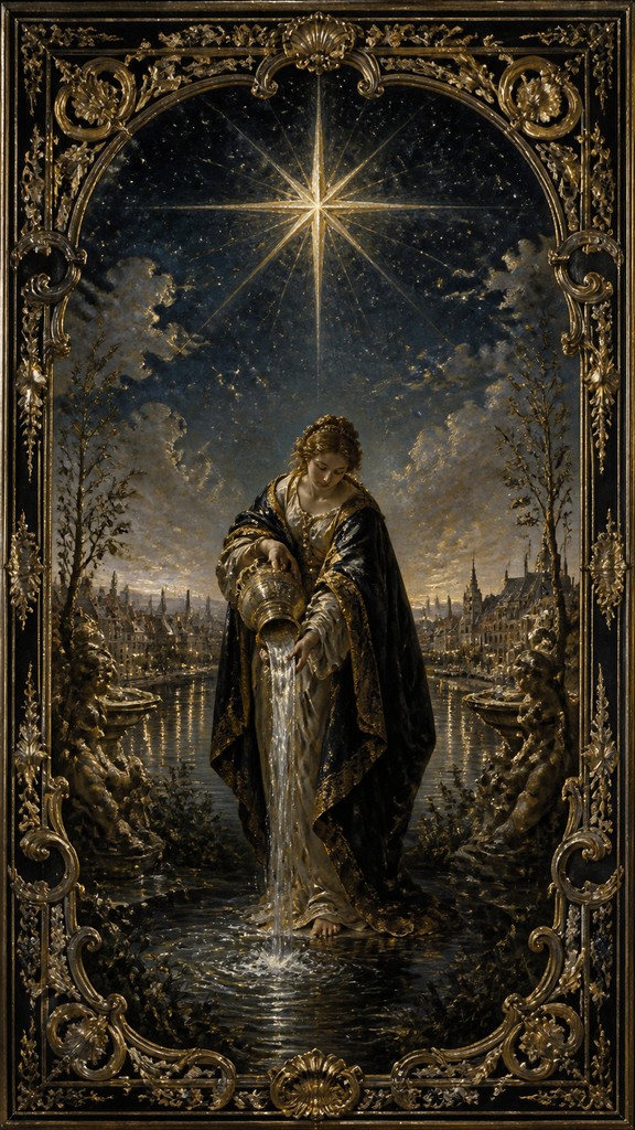 a robed figure pouring water beneath a large eight-pointed star in a night sky, symmetrical composition with an ornate decorative border, no text