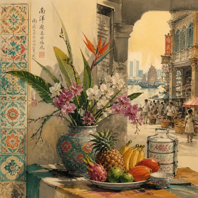 still life arrangement of fruits and flowers