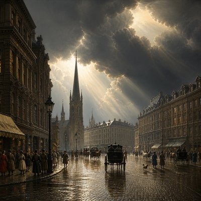urban street with city activity — Düsseldorf School Art Style