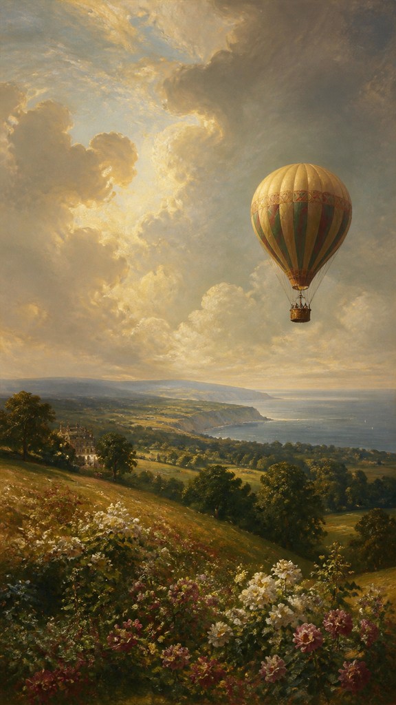 a hot air balloon drifting over rolling flower fields on a sunny day, cheerful, no text