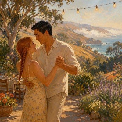 an original couple dancing under string lights in a garden at dusk: a man with short black hair in a linen shirt and a woman with braided red hair in a summer dress