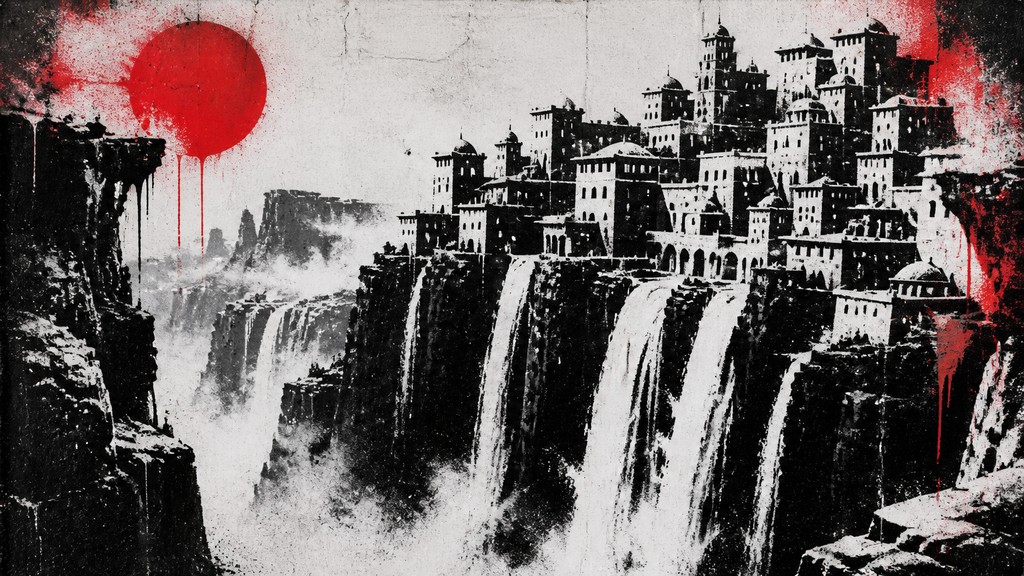 a cliffside city with waterfalls cascading into a misty canyon, wide establishing shot, no people, no text