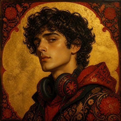 head-and-shoulders portrait of an original character: a young man with curly dark hair and headphones around his neck, plain backdrop, no text