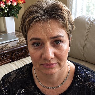 a woman sitting on a couch with a necklace on her neck