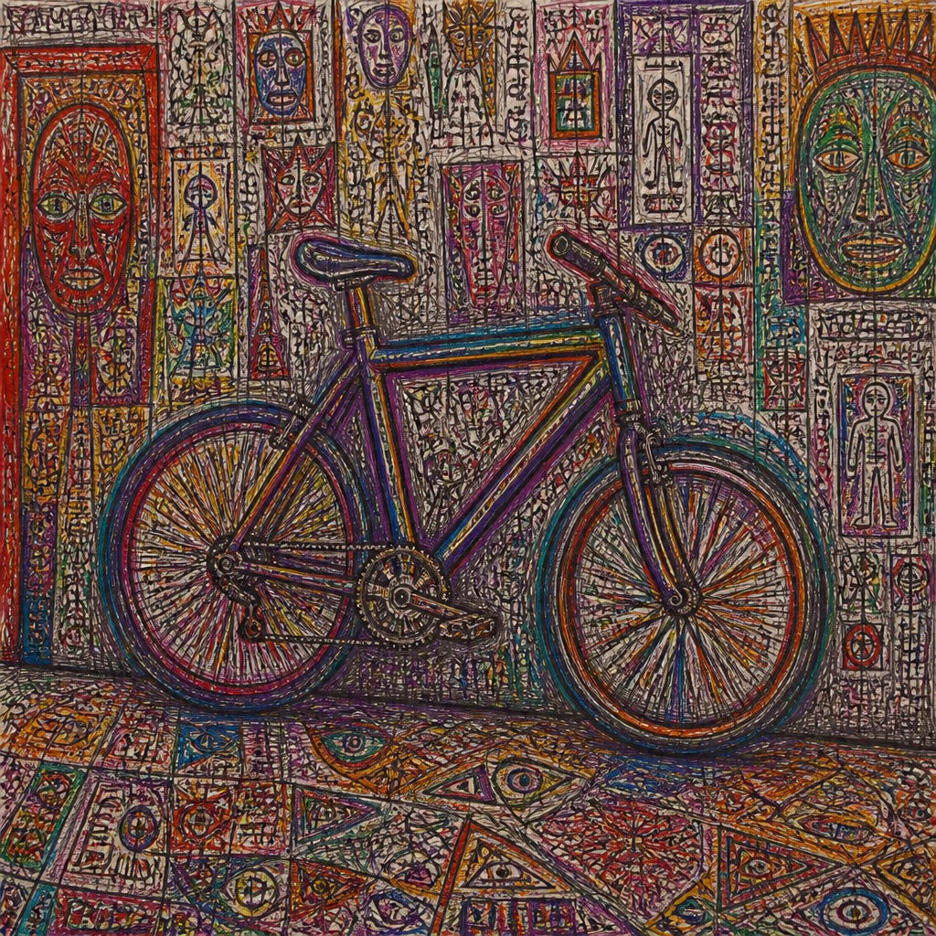 bicyle resting against a wall — Outsider Art Style