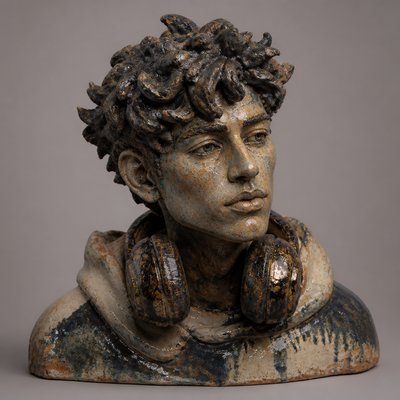 head-and-shoulders portrait of an original character: a young man with curly dark hair and headphones around his neck, plain backdrop, no text