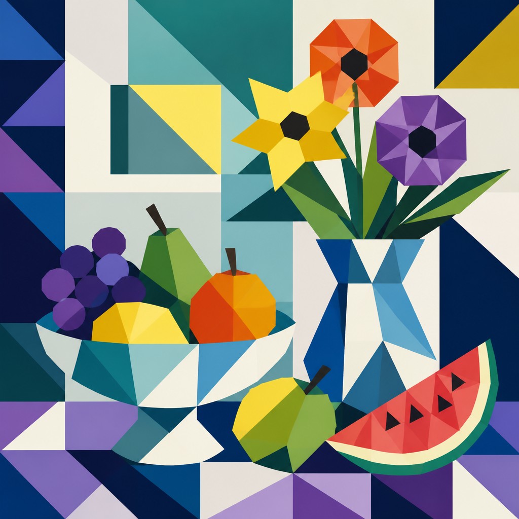 still life arrangement of fruits and flowers