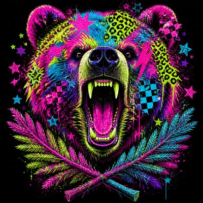 a roaring bear head above crossed pine branches, bold graphic composition on a plain background, no text