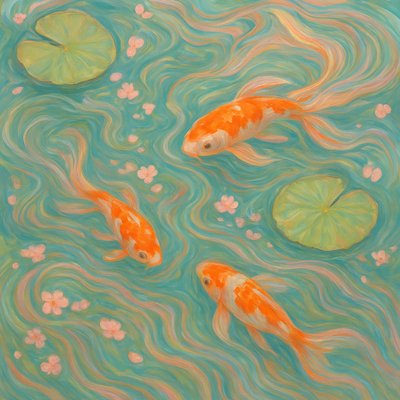 A koi pond seen from above, orange and white koi fish swimming among lily pads, clear water with subtle ripples, fallen cherry blossom petals floating on the surface, dappled sunlight