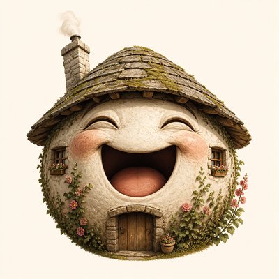 an exaggerated laughing face of an original round mascot character, bold and readable at small size, plain background, no text