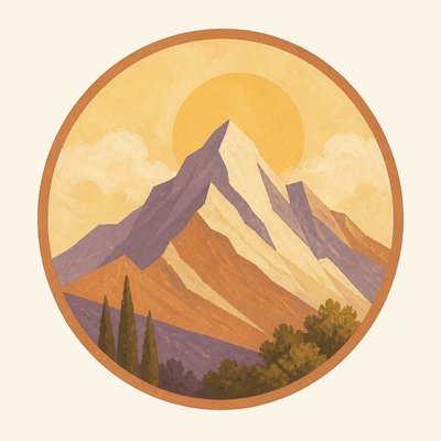 an emblem of a mountain peak inside a circle, simple bold shapes on a plain background, no text or lettering