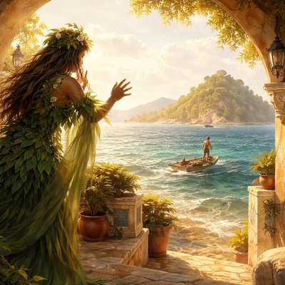 From a little distance, An island goddess spirit robed in green leaves
observes a castaway man sailing a raft towards a larger island in the distance. The goddess spirit looks sad to see him leave and reaches a hand towards him but is unseen

