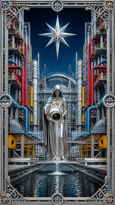 a robed figure pouring water beneath a large eight-pointed star in a night sky, symmetrical composition with an ornate decorative border, no text