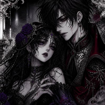portrait of two people together — Dark Gothic Anime Art Style