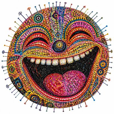 an exaggerated laughing face of an original round mascot character, bold and readable at small size, plain background, no text