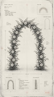 an arch of white roses and eucalyptus in soft morning light, elegant vertical composition with open space, no text