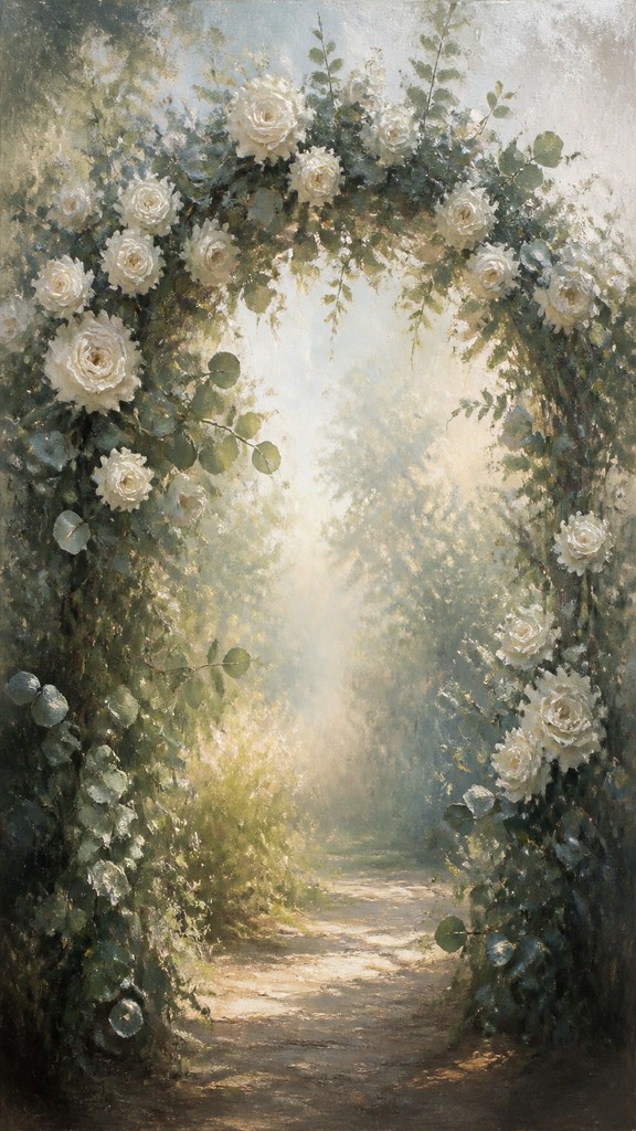 an arch of white roses and eucalyptus in soft morning light, elegant vertical composition with open space, no text