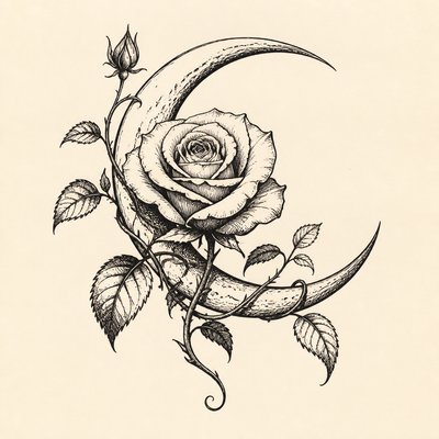 a rose entwined with a crescent moon, clean balanced composition on a plain background, no text