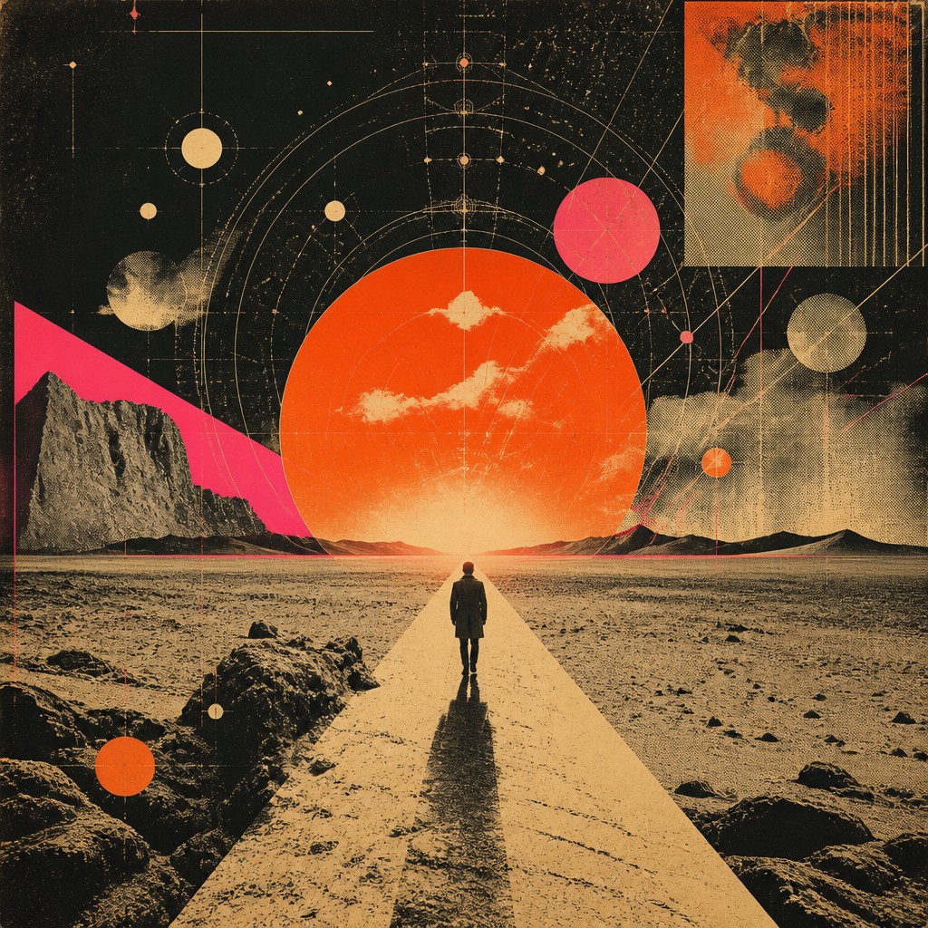 a solitary figure walking toward a glowing horizon across an empty plain, moody atmosphere, no text or lettering