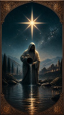 a robed figure pouring water beneath a large eight-pointed star in a night sky, symmetrical composition with an ornate decorative border, no text