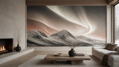 a flowing aurora over snowy peaks, wide sweeping composition, no people, no text