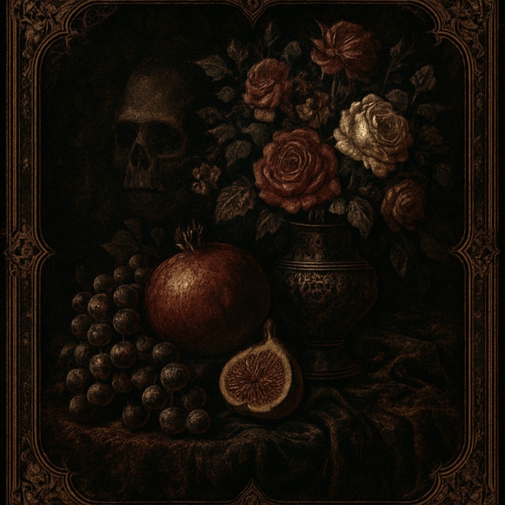 still life arrangement of fruits and flowers