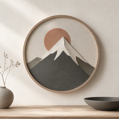 an emblem of a mountain peak inside a circle, simple bold shapes on a plain background, no text or lettering