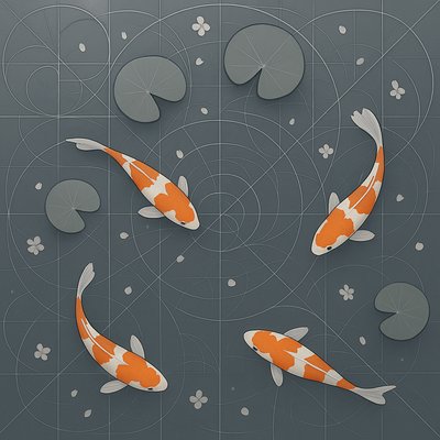 A koi pond seen from above, orange and white koi fish swimming among lily pads, clear water with subtle ripples, fallen cherry blossom petals floating on the surface, dappled sunlight