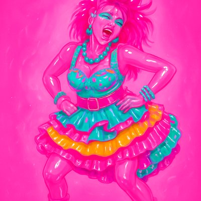 a painting of a woman in a colorful dress