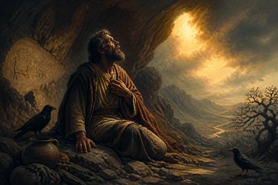 Elijah at the cave on Mount Horeb hearing God speaking to him