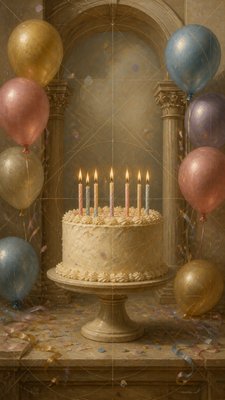 a birthday cake with lit candles surrounded by balloons and confetti, festive vertical composition, no text