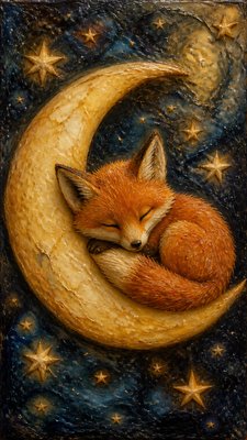 a sleeping baby fox curled on a crescent moon among soft stars, gentle and warm, no text