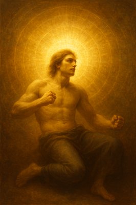 a painting of a man sitting on the ground