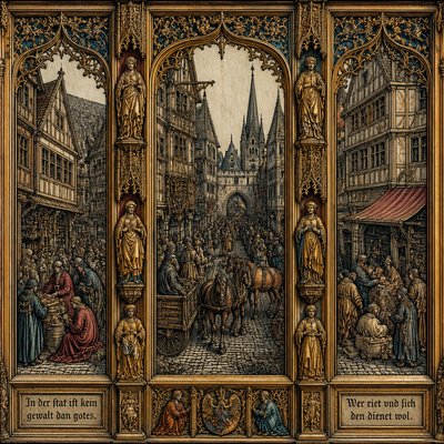 urban street with city activity — Nuremberg Art Style