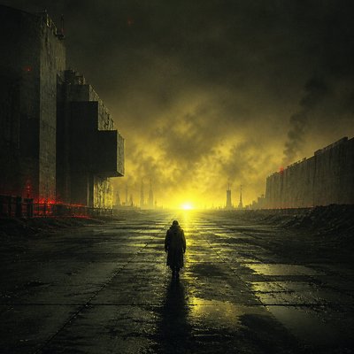 a solitary figure walking toward a glowing horizon across an empty plain, moody atmosphere, no text or lettering