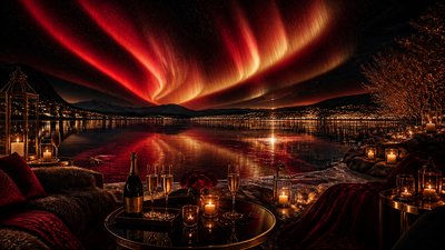 a sweeping aurora over a frozen lake, no people