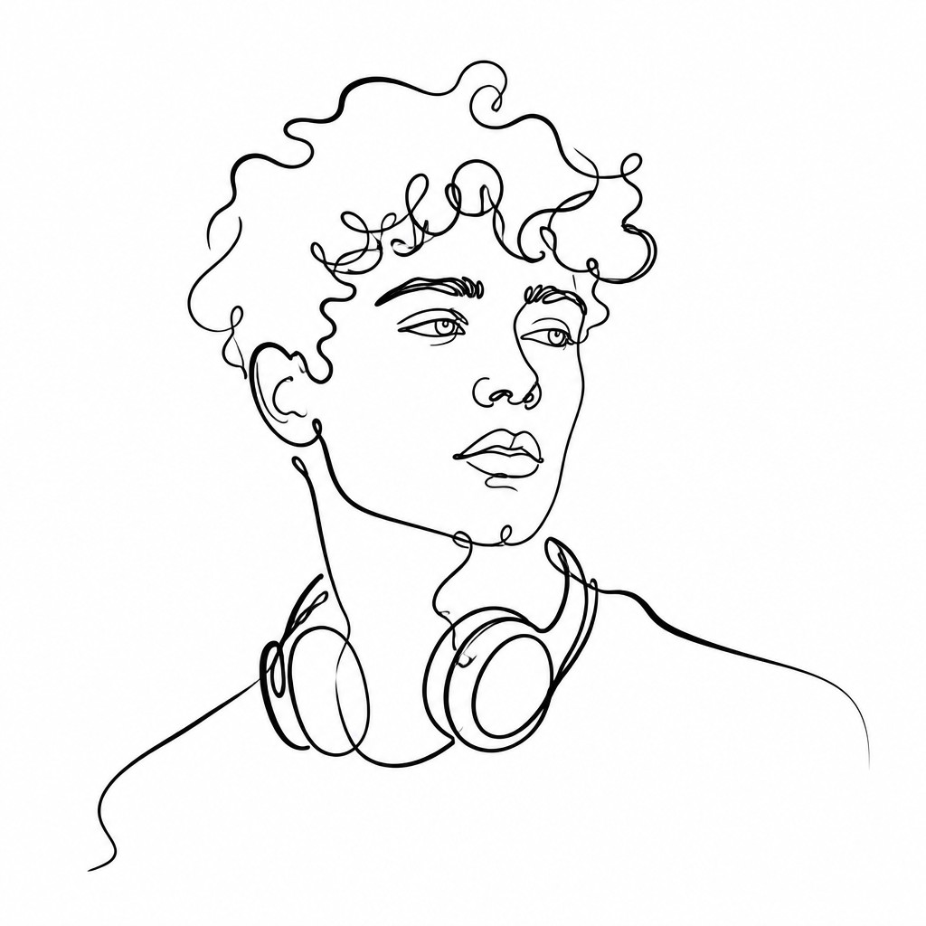 head-and-shoulders portrait of an original character: a young man with curly dark hair and headphones around his neck, plain backdrop, no text