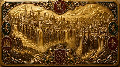 a cliffside city with waterfalls cascading into a misty canyon, wide establishing shot, no people, no text