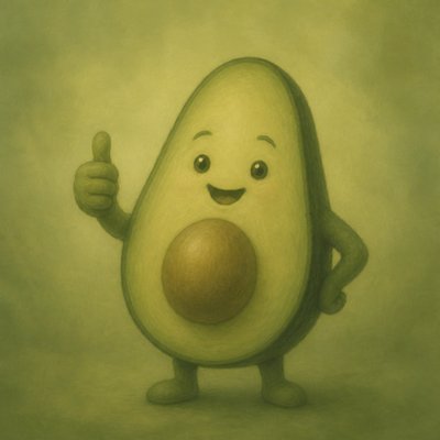 a happy avocado character giving a thumbs up, bold readable design on a plain background, no text