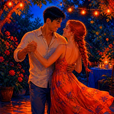 an original couple dancing under string lights in a garden at dusk: a man with short black hair in a linen shirt and a woman with braided red hair in a summer dress