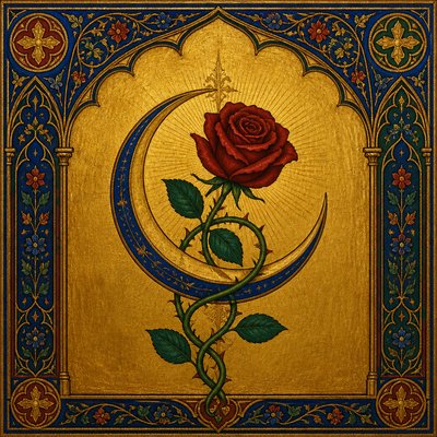 a rose entwined with a crescent moon, clean balanced composition on a plain background, no text