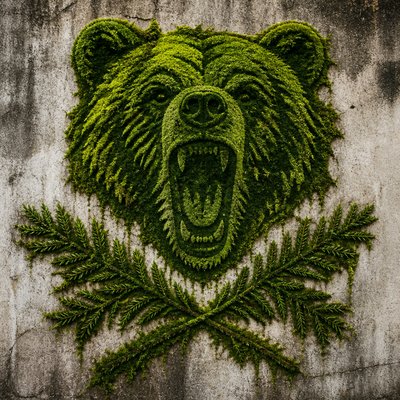 a roaring bear head above crossed pine branches, bold graphic composition on a plain background, no text